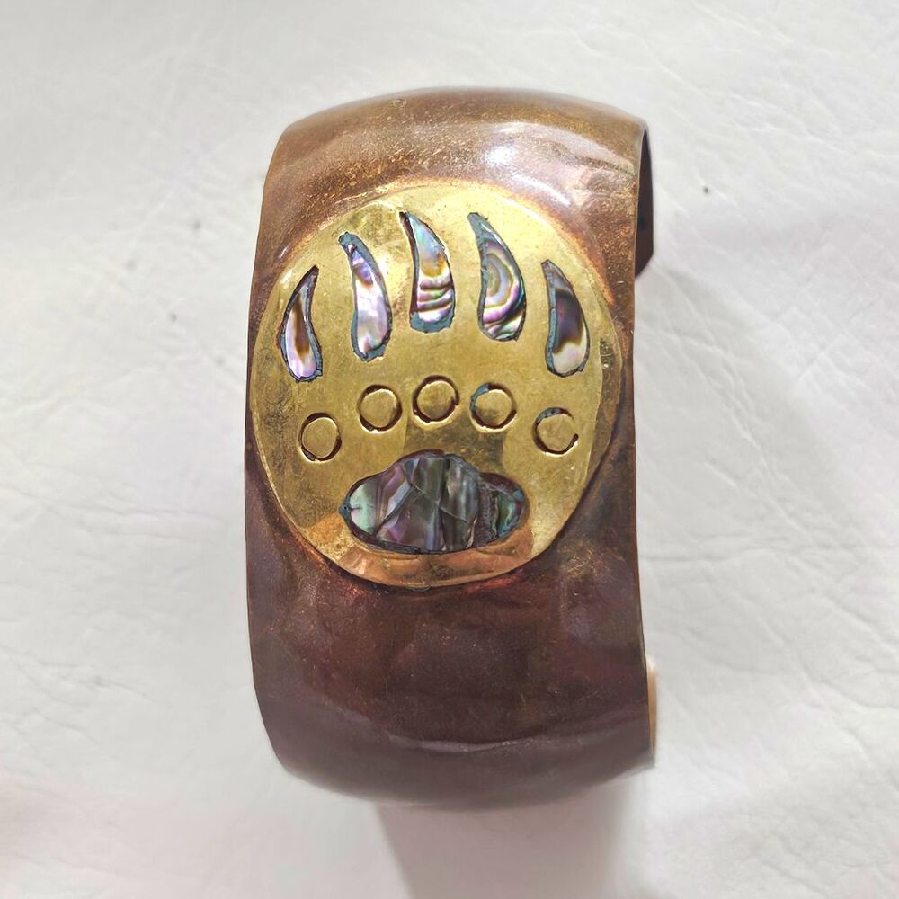 Copper Bear Paw Shell Inlay Cuff Bracelet Brown/Gold Multicolor Shell
